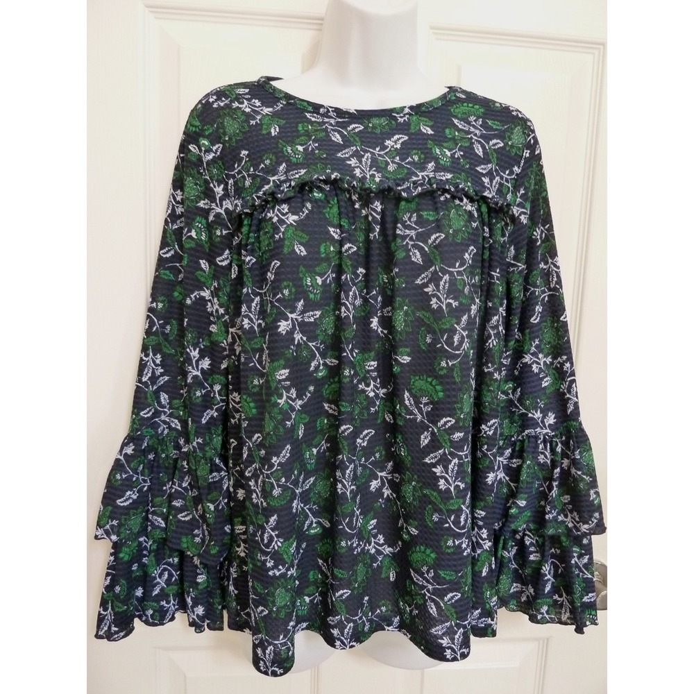 Michael Kors Medium Navy Green Floral Double Ruffle Sleeve Babydoll Blouse